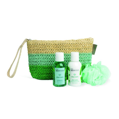 IDC Necesser de viaje ALOE VERA 3 piezas (gel de ducha 100 ml, loción corporal 100 ml, esponja de baño)