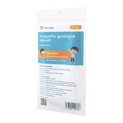 Mascarilla Starcare Quirúrgica Infantil Tipo IIR de 6 a 9 años pack de 10 uds