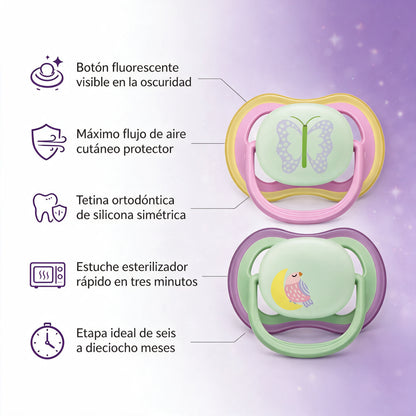 Philips Avent 2 Chupetes UltraAir Nocturno 6-18m niña