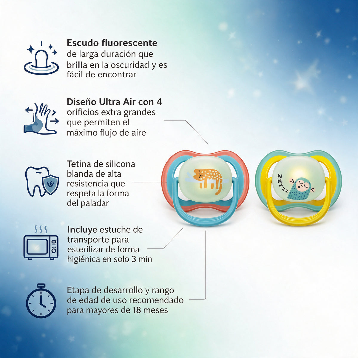 Philips Avent 2 Chupetes UltraAir Nocturno +18m niño