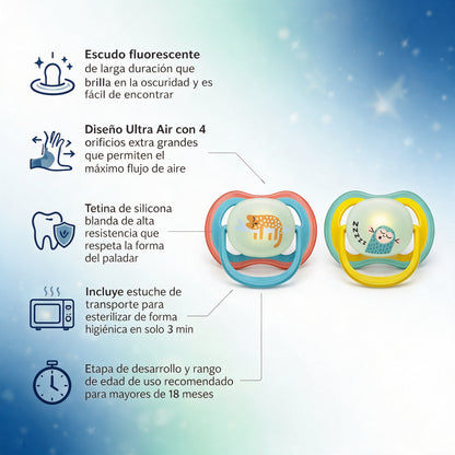 Philips Avent 2 Chupetes UltraAir Nocturno +18m niño